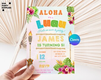 Tropical Luau Birthday Invitation, Aloha Party (Canva Template)