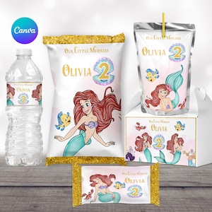 ariel little mermaid birthday party favors supplies printables chip bag templates labels water bottle caprisun template gable box template