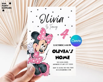 Rosa Minnie Mouse 4-årsinbjudan, utskrivbar flickinbjudan (redigerbar Canvas-mall)