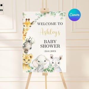 Druckbares Willkommensschild für die Safari-Babyparty-Drucke Safari-Tiere mit Waldmotiven
