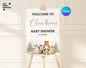 redigerbar välkomstskylt för babyshower i skogen, välkomstaffisch för babyshower i skogen, välkomstskylt för babyshower i skogen, djur i skogen, grönska, välkomstskylt för babyshower i skogen
