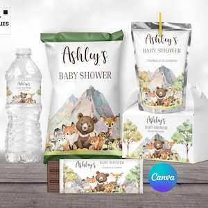 bos babyshower bundel partij etiketten waterfles caprizon gable box hershey bar wrapper chip tas sjablonen canva bewerkbare afdrukbare