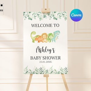 placa de boas-vindas para chá de bebê de dinossauro editável pôster de boas-vindas para chá de bebê de dinossauro decoração digital para impressão placa de boas-vindas para chá de bebê de dinossauro