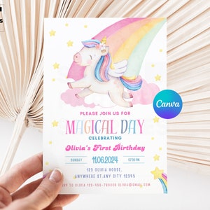 Unicorn Invitation Unicorn Birthday Invitation Unicorn invite Girl First Birthday Digital Invite Magical Party Invite Rainbow invite IB055