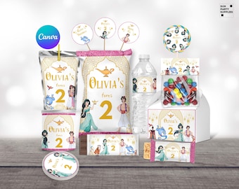 プリンセスジャスミンの誕生日パーティーの記念品、チップバッグ、ウォーターボトル（デジタルダウンロード）