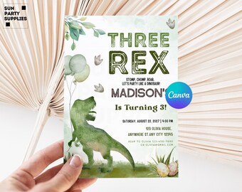 Drei Rex Dinosaurier zum 3. Geburtstagseinladung (Canva Editable, Digital)