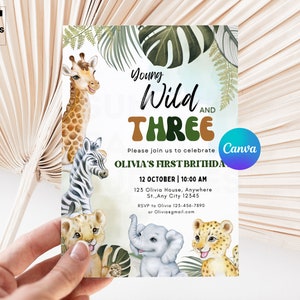 Young Wild and Three safari invitation jungle invitation Jungle Birthday Invitation 3rd birthday Wild three Party zoo invitation IB021