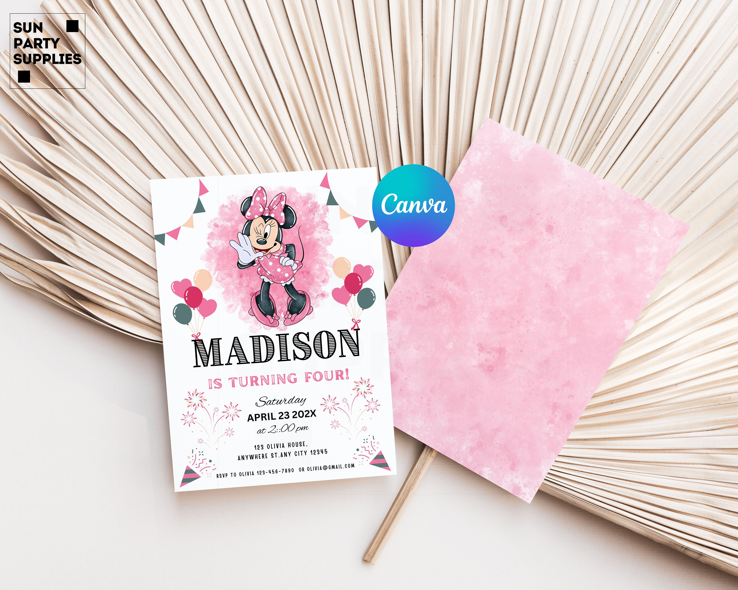 Minnie Mouse 3rd Birthday Invitation, Editable Canva Template (digital ...