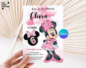Minnie Mouse 6e verjaardagsuitnodiging, bewerkbare sjabloon (digitaal)