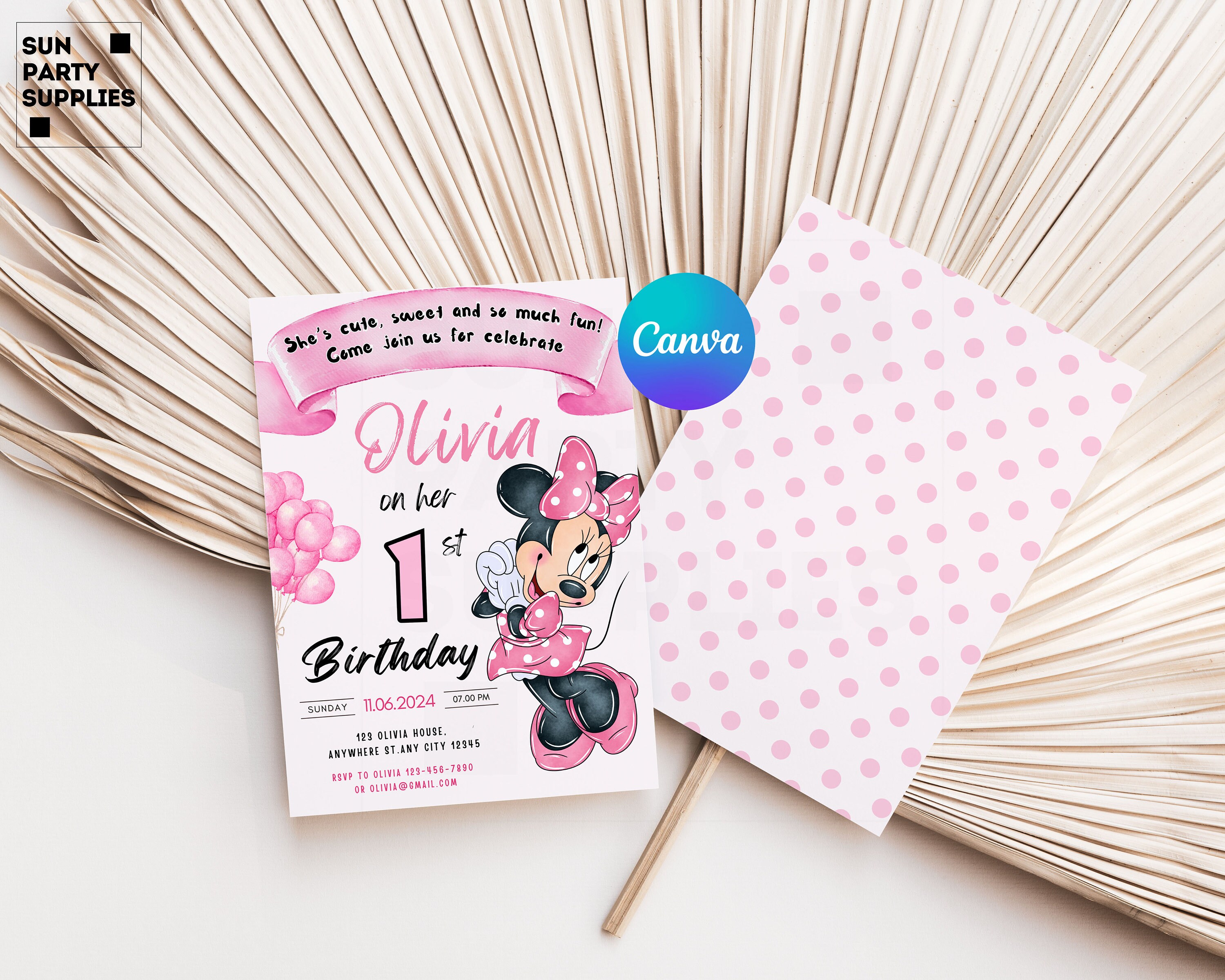 Minnie Mouse 1st Birthday Invitation, Editable Canva Template (digital ...