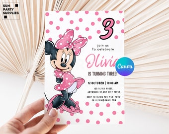 Convite de aniversário da Minnie Mouse editável, convite para 3º aniversário, aniversário da Minnie, convites da Minnie para imprimir.