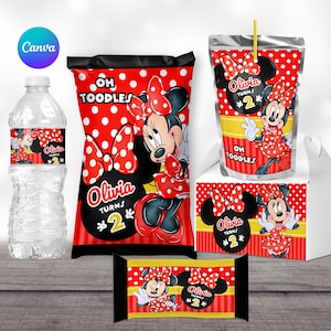 red minnie mouse Birthday Printables minnie mouse party favors chip bag templates labels water bottle caprisun template gable box template