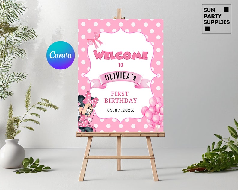 pink minnie mouse welcome sign minnie welcome sign minnie welcome banner minnie mouse birthday party welcome poster decor party supplies image 1