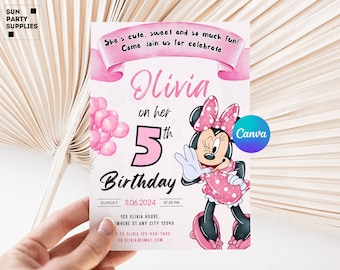 Invitaciones editables de Minnie Mouse para su quinto cumpleaños, invitación imprimible de Minnie Mouse, invitación de Minnie Mouse, invitaciones de Minnie
