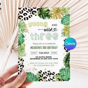 Young Wild and Three  3rd birthday jungle invitation Jungle Birthday Invitation safari invitation Wild three Party zoo invitation IB043