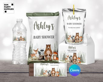 ウッドランド ベビーシャワー バンドル、編集可能なラベル（Canva、デジタルダウンロード）