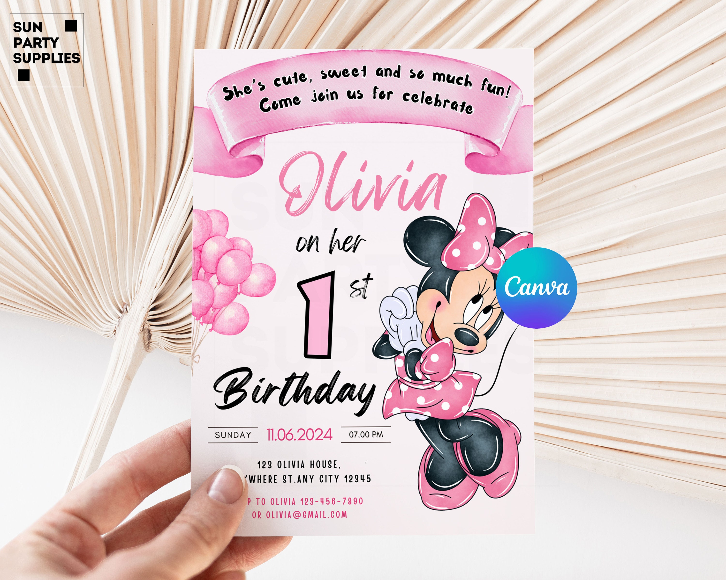 Minnie Mouse 1st Birthday Invitation, Editable Canva Template (digital ...