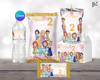 May include: A set of party favor boxes featuring a princess theme. The boxes are decorated with images of Disney princesses, including Cinderella, Ariel, and Belle. The boxes are labeled with the name "Olivia" and the number "2".