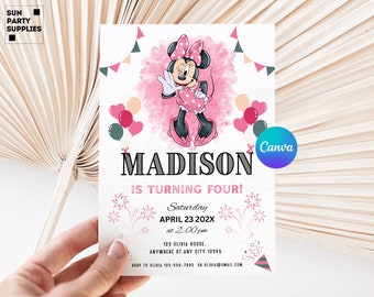 Editable Minnie Mouse 3rd Birthday Invitation | Pink Canva Digital ...