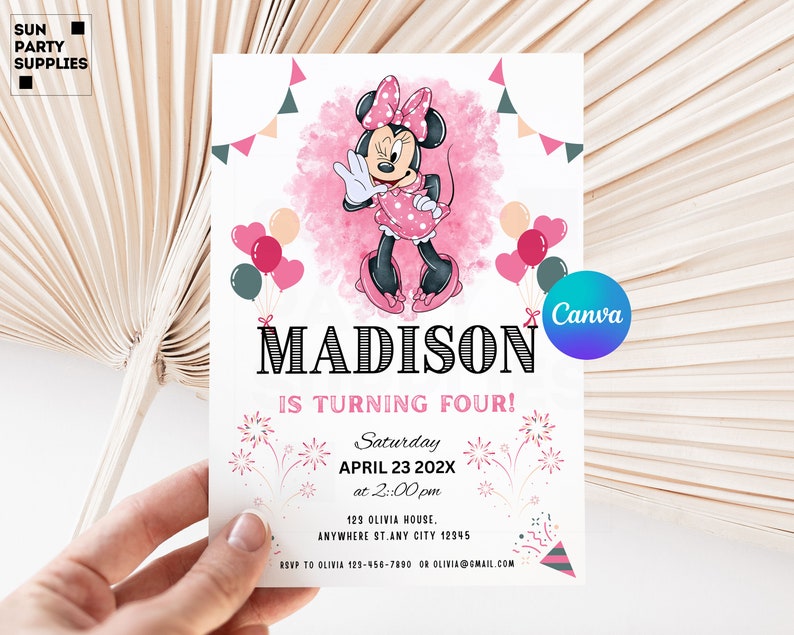 Minnie Mouse 3rd Birthday Invitation, Editable Canva Template (digital ...