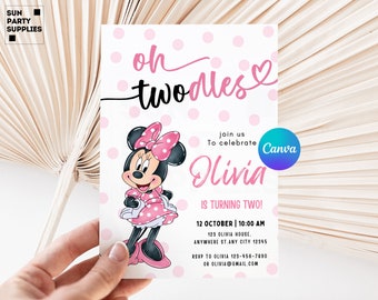 Pink Minnie Mouse Oh Twodles Invitation, 2nd Birthday (Editable Canva Template)