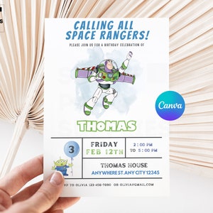 May include: A blue and green birthday invitation with a cartoon image of Buzz Lightyear from the Toy Story movie. The invitation says "Calling all Space Rangers!" and includes the name "Thomas" and the date "Friday, Feb 12th".