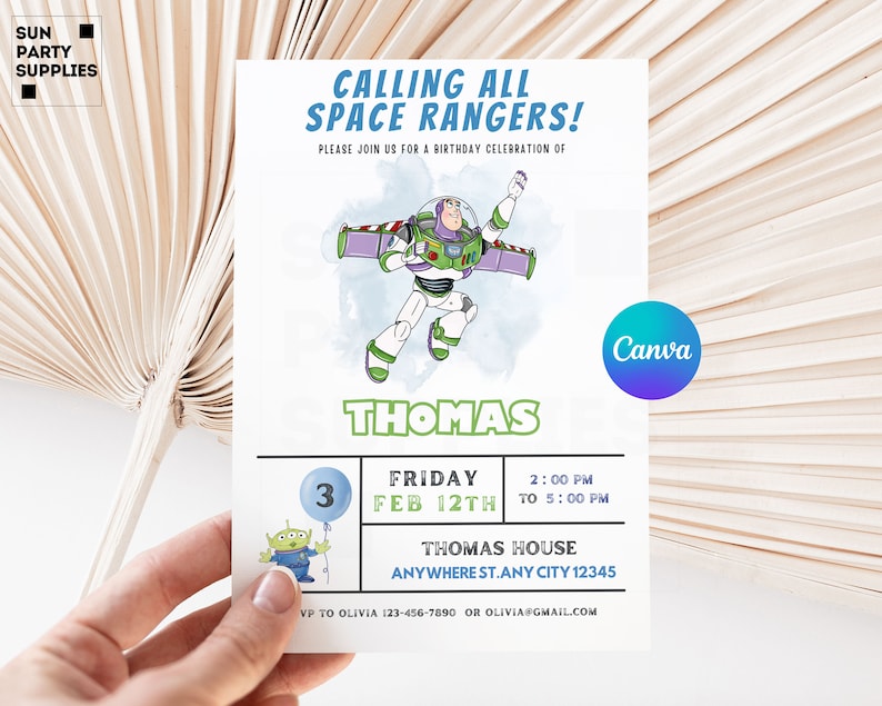 May include: A blue and green birthday invitation with a cartoon image of Buzz Lightyear from the Toy Story movie. The invitation says "Calling all Space Rangers!" and includes the name "Thomas" and the date "Friday, Feb 12th".