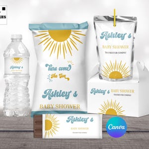 May include: A set of baby shower party supplies with a sun theme. The set includes a water bottle label, a chip bag label, a juice pouch label, a favor box label, and a chocolate bar wrapper. All labels feature a yellow sun with a blue sky background and the text "Ashley's Baby Shower".