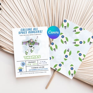 May include: A blue and green birthday invitation with a cartoon image of Buzz Lightyear from Toy Story. The invitation says "Calling all Space Rangers!" and includes the text "Please join us for a birthday celebration of Thomas".