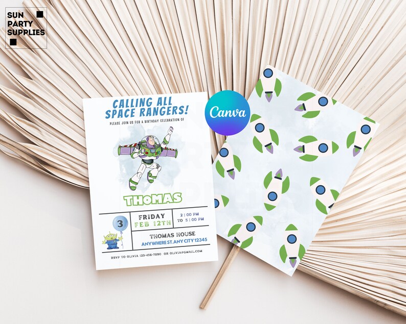 May include: A blue and green birthday invitation with a cartoon image of Buzz Lightyear from Toy Story. The invitation says "Calling all Space Rangers!" and includes the text "Please join us for a birthday celebration of Thomas".