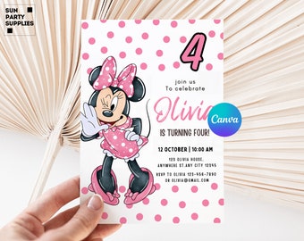 Rosa Minnie Mouse 4-årsinbjudan, utskrivbar flickinbjudan (redigerbar i Canva)
