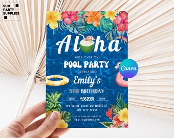 Tropical Luau Pool Party Invitation, Aloha Birthday (Digital Download)
