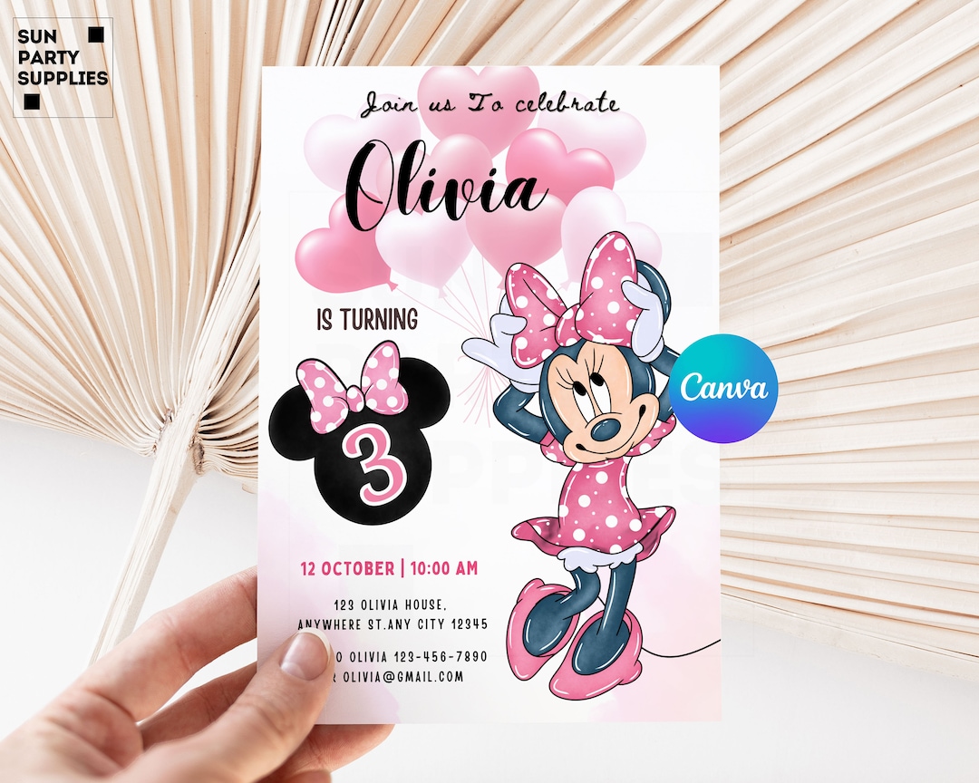 Minnie Mouse 3rd Birthday Invitation, Printable Party Invite (canva ...