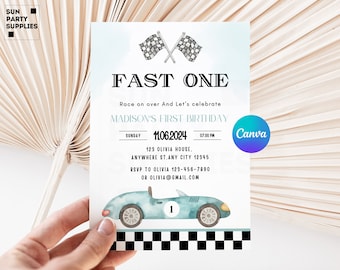 Race Car 1st Birthday Invitation, Fast One Theme (Digital Download)