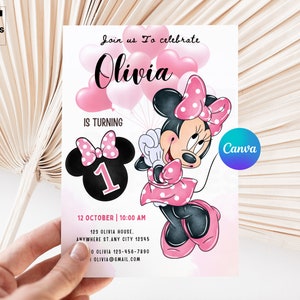 Invito di compleanno modificabile di Minnie Mouse, compleanno di Minnie Mouse, 1° compleanno, invito di compleanno di Topolino, inviti per bambine Minnie, IA022