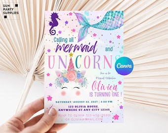 May include: A colorful invitation with a mermaid tail, seahorse, and unicorn design. The invitation reads "Calling all mermaid and UNICORNS" and includes event details for Olivia's first birthday, including the date, time, and location.