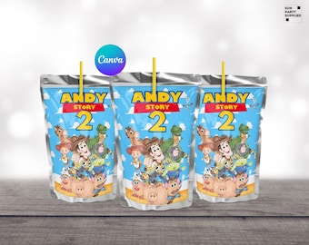May include: Three silver juice pouches with a blue background and a Toy Story 2 theme. The pouches feature Woody, Buzz Lightyear, and other characters from the movie. The text "Andy Story 2" is printed on each pouch.