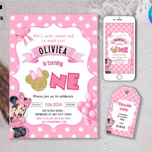 1st Geburtstag Minnie Maus Geburtstagseinladung, Maus Geburtstag einladen, Bearbeitbare Minnie Maus Geburtstagsparty, Mädchen Minnie Einladungen, IA048