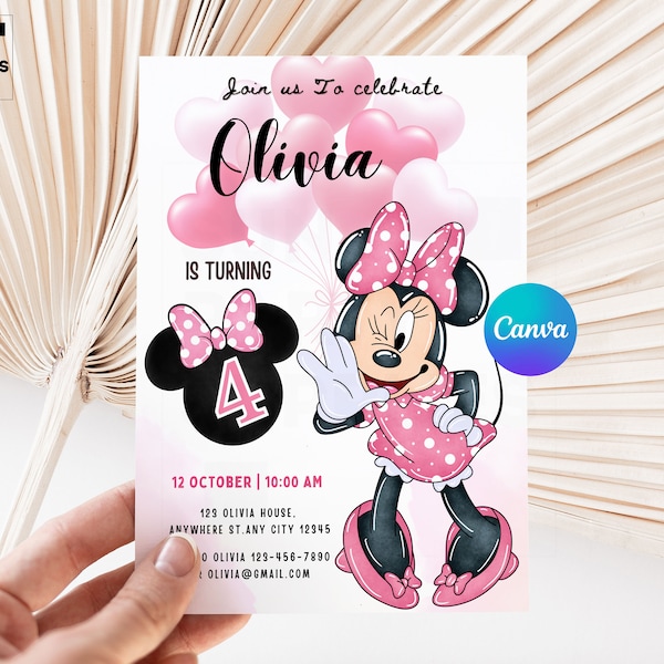 Minnie Mouse Invitation Birthday, Printable Minnie Mouse Birthday Party Invitation, Minnie Mouse Invite,  4th Birthday Invitation,