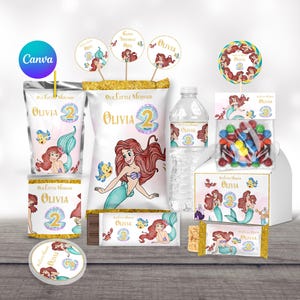 Etiquetas para regalos de fiesta de cumpleaños de La Sirenita Ariel, suministros para paquetes, decoración, plantillas para bolsas de papas fritas, etiquetas para botellas de agua, plantilla Caprisun.