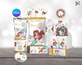Etiquetas para lembrancinhas de aniversário da pequena sereia Ariel, pacote de suprimentos, decoração, saco de batatas fritas, modelos, etiquetas, garrafa de água, modelo Caprisun