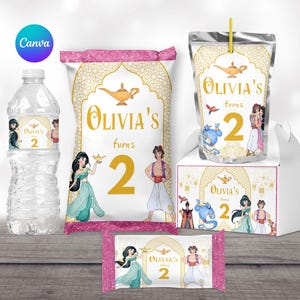 princess jasmine aladdin birthday party favors printable labels package supplies bundle decor chip bag labels water bottle caprisun template