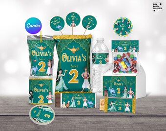 プリンセスジャスミンの誕生日パーティーの記念品ラベル、DIYデコレーション（Canvaで編集可能）