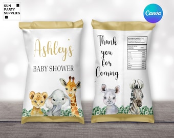 May include: A white chip bag with a gold border and a jungle animal theme. The front of the bag says "Ashley's Baby Shower" and features a giraffe, elephant, and lion. The back of the bag says "Thank you for coming" and has a zebra and rhinoceros.