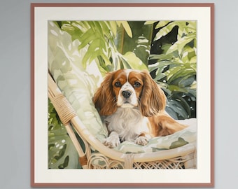 Può includere: Un cane Cavalier King Charles Spaniel marrone e bianco è sdraiato su una sedia di vimini con un cuscino a motivi verdi e bianchi. Il cane guarda direttamente lo spettatore. Lo sfondo è un dipinto ad acquerello di foglie verdi.