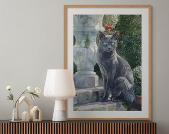 Russian Blue Cat Print | Cat in Garden Print | Grey Cat Wall Art | Regal Cat Print | Watercolour Cat Print | English Garden Print | Cat Art
