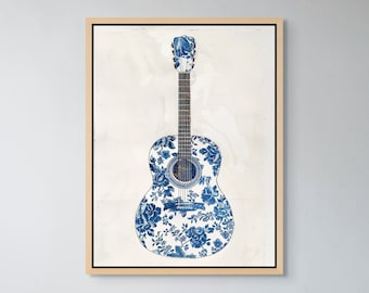 トワルギタープリント | トワルウォールアート | ギターウォールアート | 青と白のウォールアート | 花柄ギターアート | シノワズリ