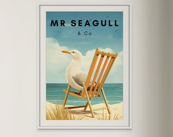 Mr Seagull & Co Print | Beach Seagull Print | Seagull on Beach Art | Comical Art | Turquoise Wall Art | Bird Wall Art | Ocean Wall Art