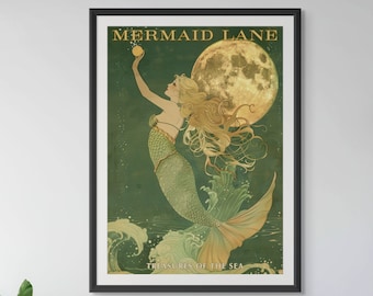 Plakat z syrenką w stylu vintage | Sztuka ścienna z syrenką | Sztuka domu na plaży