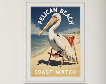Pelican Poster | Vintage Pelican Art | Beach Print